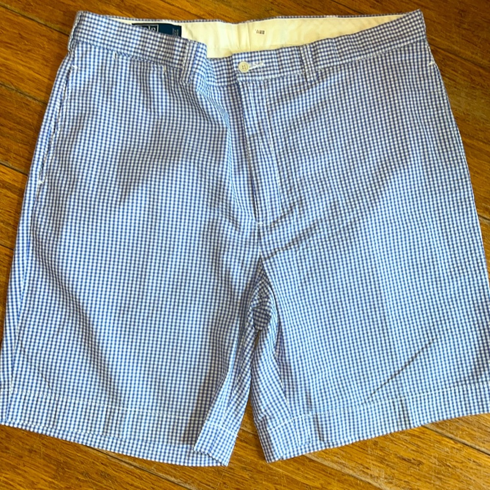 90s POLO Shorts RALPH LAUREN mens 38 Blue White GINGHAM seersucker plaid preppy